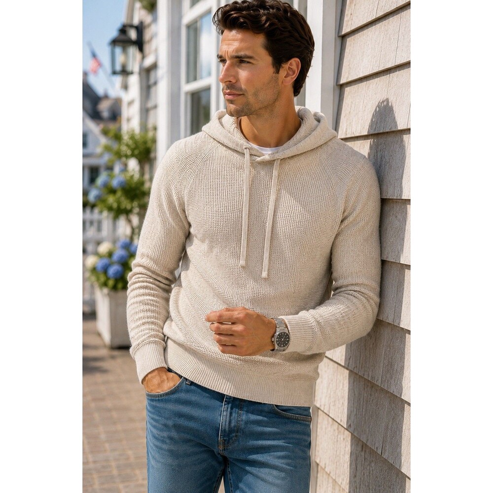J Crew Hoodie Mens M Oatmeal 100% Cashmere Waffle Knit Pullover Sweater CB523 - Picture 2 of 11